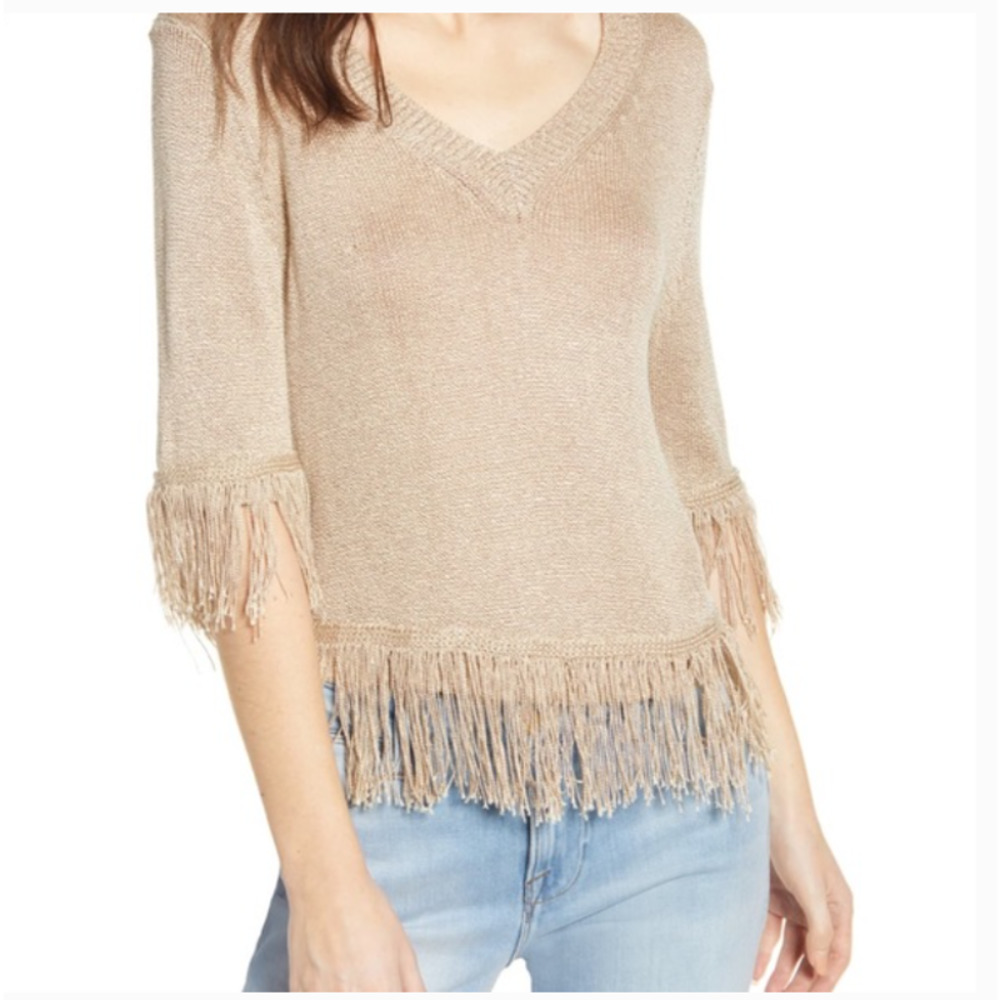 BISHOP + YOUNG • Oatmeal Beige V-neck Knit Fringe Sweater NEW Sz Medium